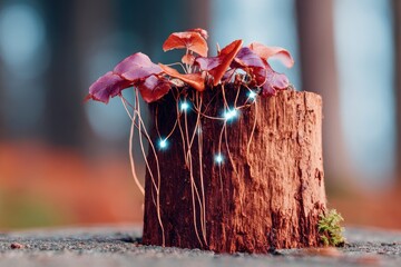 Glowing Bio Luminescent Plants on Tree Stump in Forest