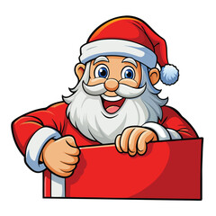 Cartoon santa claus holding a red sign with a big smile