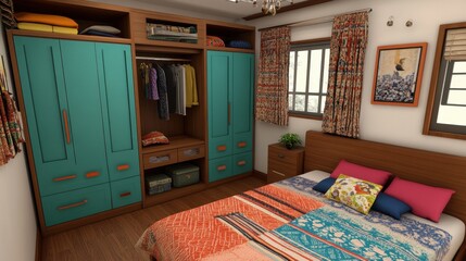 Cozy Bedroom Interior with Colorful Decor and Stylish Wardrobe