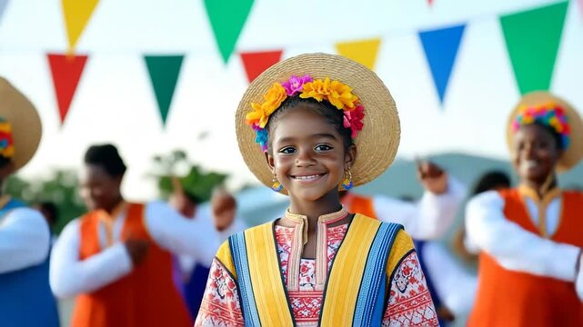 A cheerful young girl wearing a wide straw hat adorned with bright flowers smiles at the camera in the middle of a lively cultural festival 