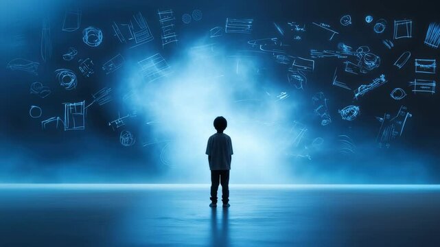 A child stares into a large, luminous blue fog in an endless futuristic space Strange sketches and diagrams drift in the air like floating thoughts