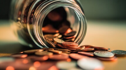 Large Clear Jar with Hole Leaking Coins onto Table Surface