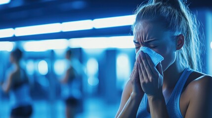 Exhausted Woman Wipes Sweat After Intense Workout at Gym Facility