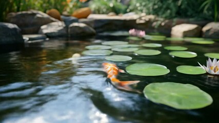 Serene pond with lily pads and koi fish - Powered by Adobe
