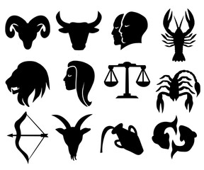 A complete set of twelve black silhouette illustrations of all astrological zodiac signs, from Aries to Pisces