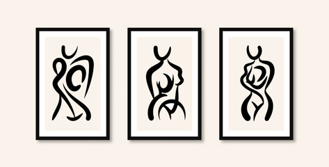 Three creative artistic paintings with pictograms of abstract female figures, in black, displayed on the wall