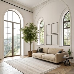 mock up poster frame in hipster interior background, Scandinavian style, 3D render, 3D illustration