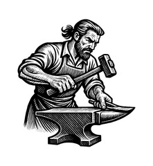 Engraved Illustration of Blacksmith Hammering Metal on Anvil with Concentrated Expression