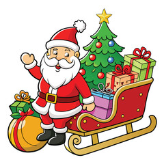 Santa claus with christmas tree and gifts in a red sleigh