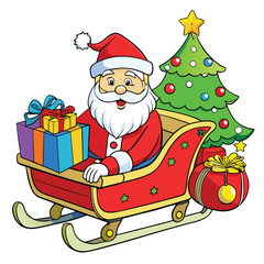 Santa in sleigh with gifts and christmas tree illustration