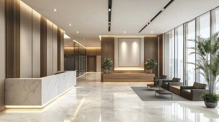 Fototapeta premium A modern, spacious lobby with marble floors, wooden accents, and large windows.