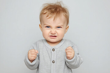 cute and adorable angry baby with clenched fists