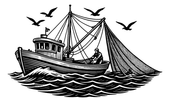 Fisherman on a Fishing Boat with Net and Seagulls in Black and White Engraved Style - Powered by Adobe