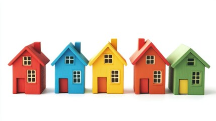 Five colorful wooden houses in a row on a white background