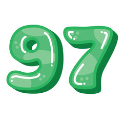 Cute funny number 97 ninety seven vector illustration, number 97 clip art, green number ninety seven clip art cartoon