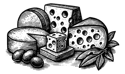 Engraved Illustration of Assorted Cheeses with Holes and Leafy Garnish on White