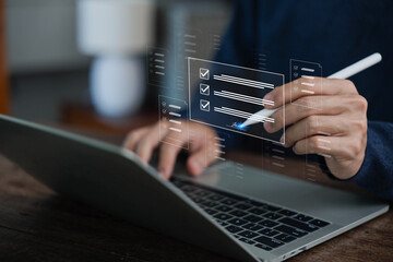 Digital Signature technology office. Businessman using pen to sign document, Show digital document...