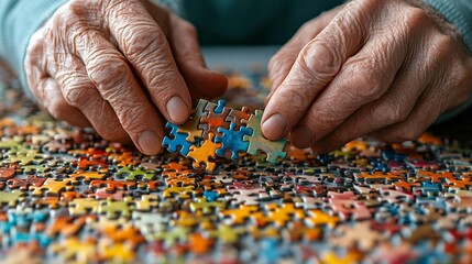 Elderly hands carefully fitting puzzle pieces