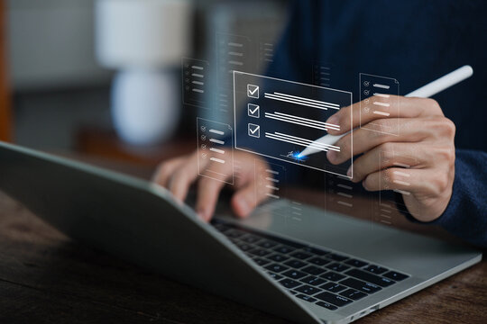 Digital Signature technology office. Businessman using pen to sign document, Show digital document virtual on laptop,Online business E-signing on network connection, digital document management