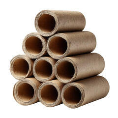 A pyramid stack of nine brown cardboard tubes arranged in a triangular formation. Png, Transparent background.