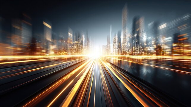 Blurred motion through a cityscape, golden streaks against blue