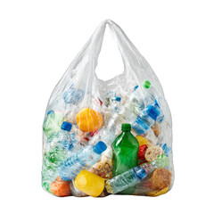 A plastic bag filled with various empty plastic bottles and containers of different shapes, sizes, and colors. Png, Transparent background.