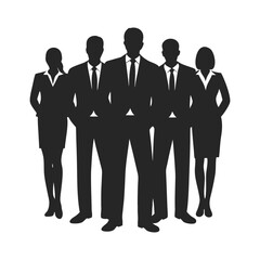 A diverse group of professional business people in silhouette stands together, illustrating teamwork and corporate success Team collaboration silhouette icon illustration vector