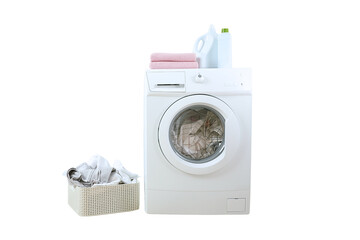 Washing machine and laundry basket, isolated on white, PNG