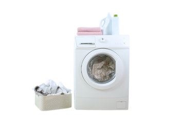 Washing machine and laundry basket, isolated on white, PNG