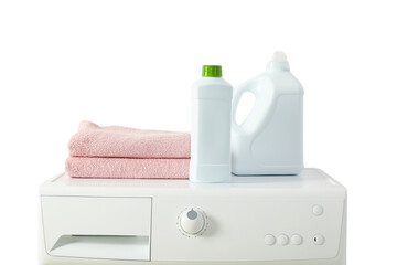 Neatly arranged towels and detergent, isolated on white, PNG