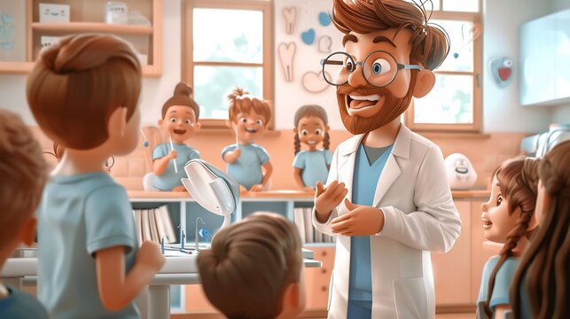 Cheerful dentist character teaching a group of kids about the importance of flossing animated educational style