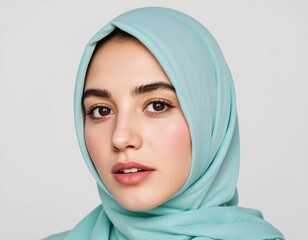 Naklejka premium Portrait of a Young Girl in a Mint Green Hijab Against White Background