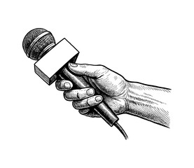 Hand Holding Microphone for Interview or Press Conference in Engraving Style