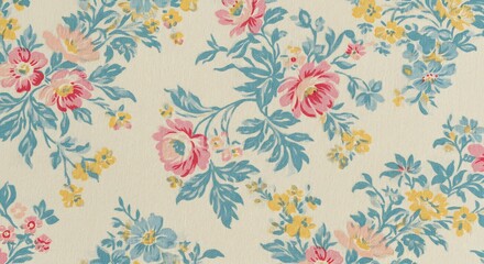 Floral pattern with pink roses blue leaves and yellow flowers creates a vintage textile design