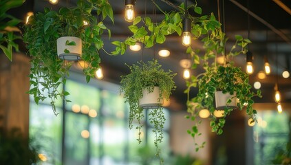 Hanging plants, Edison bulbs, and greenery adorn a cafe interior