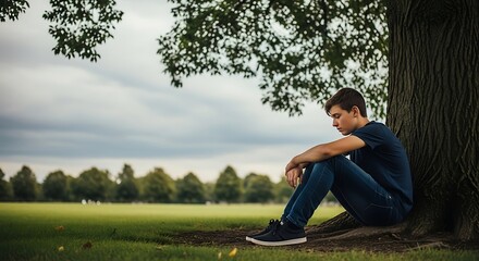 Boy sits alone under a tree in a park looking thoughtful