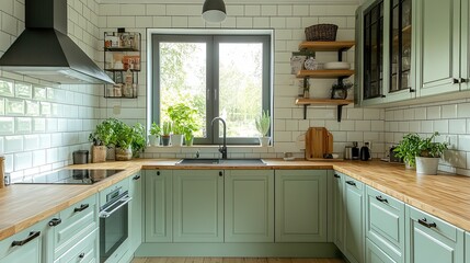 Charming modern kitchen with polished butcher block countertops and soft pastel green cabinets. 