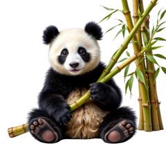 Naklejka premium An adorable young panda sits contentedly among bamboo stalks, holding a leafy branch in its paws, isolated background.