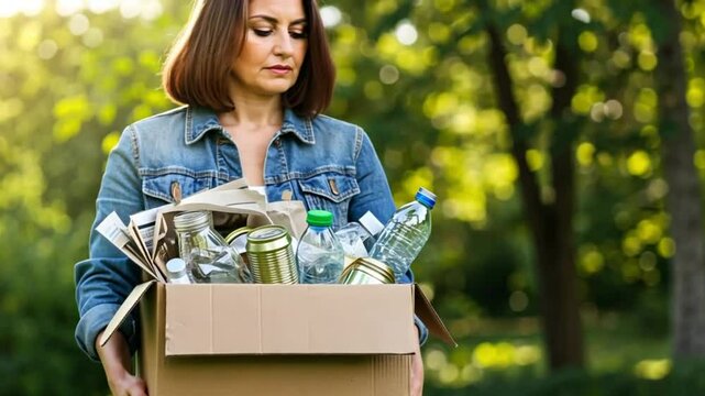 A woman in a denim jacket stands outdoors in a lush green park, holding a cardboard box filled with recyclable items such as glass jars, aluminum cans, and plastic bottles