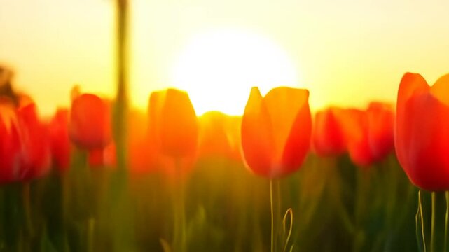 Sunrise Backlit Scarlet Tulips Field, Shallow Depth of Field