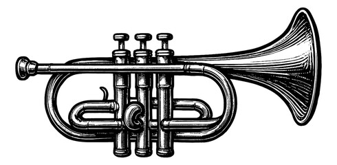 Naklejka premium Engraved illustration of a trumpet isolated on white background, viewed from side, old detailed black and white line art drawing