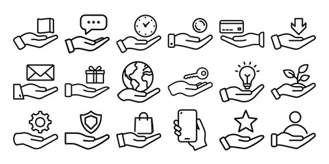 Set of hands holding various icons representing business concepts