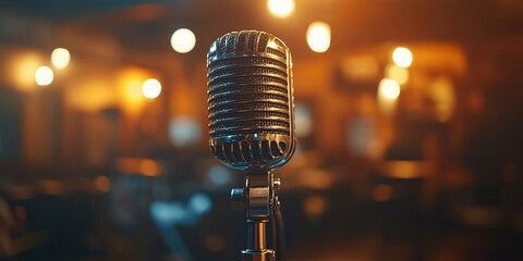 A classic microphone stands ready on a dimly lit stage. The warm, blurred background suggests a cozy jazz club,