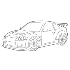 Sport car vector black line illustration isolated white. Old school muscle cars inspired cartoon sketch. Vector abstract muscle car. Vector image can be used for posters and printed products.