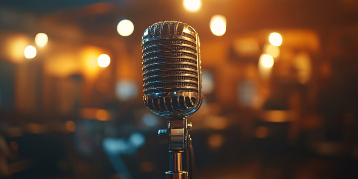 A classic microphone stands ready on a dimly lit stage. The warm, blurred background suggests a cozy jazz club, - Powered by Adobe