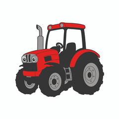 Flat design illustration of a tractor with black wheels and a beige exhaust pipe on a white background. Represents agriculture, farming, and rural machinery. Vector illustration