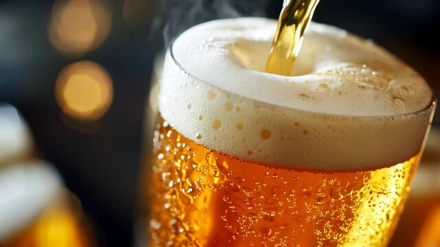 Craft beer pouring from a tap into a frosty glass at a lively brewery