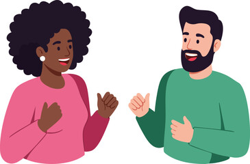 Diverse man and woman engaging in friendly conversation with expressive gestures vector illustration 