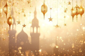 Golden star ornaments hang above blurred mosque silhouette, illuminating the festive, beautiful, celebration