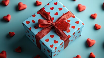 Charming blue gift box with red heart polka dots and a bow, surrounded by hearts for Valentine's Day. 